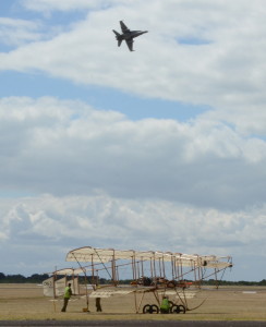 F/A-18 flying over the Bristol Boxkite replica at Pt Cook (Photo by James Kightly)